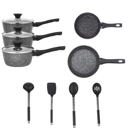 10-piece grey speckled saucepan and frying pan set with glass lids and utensils
