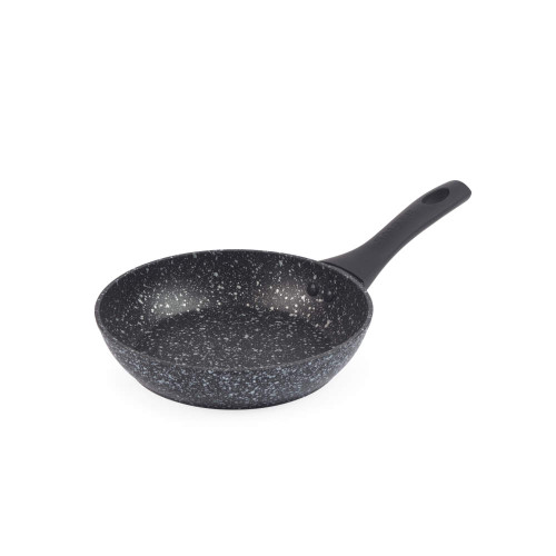 Grey speckled non-stick frying pan with black handle, shown angled on white background