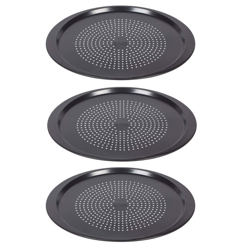 Set of 3 round black perforated pizza trays