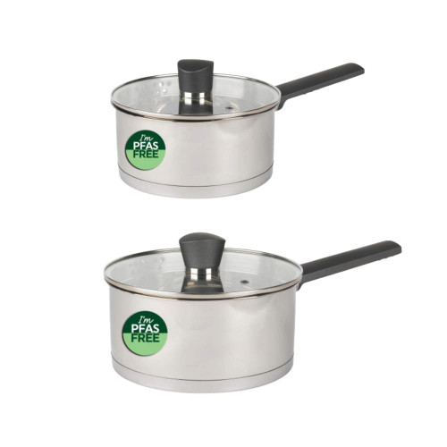 Two stainless steel saucepans with glass lids and black handles
