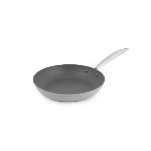 Grey non-stick frying pan with metal handle, shown at an angle on white background