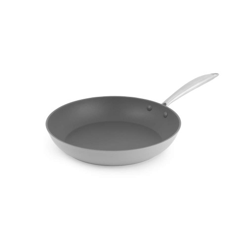 Grey non-stick frying pan with metal handle, shown at angle on white background