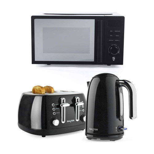 Black microwave, 2-slice toaster and electric kettle set