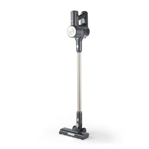 Cordless stick vacuum cleaner in dark grey with LED floor lights, upright view