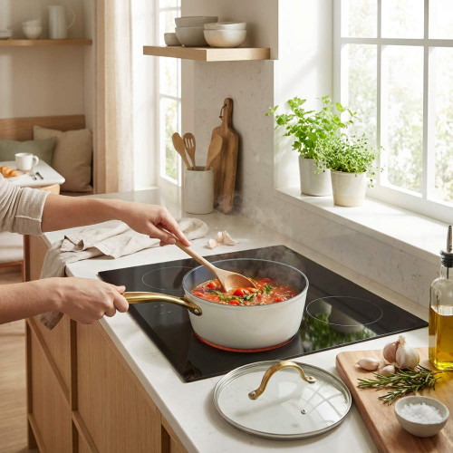 Cream saucepan with gold handles on hob, stirring tomato stew in bright kitchen.