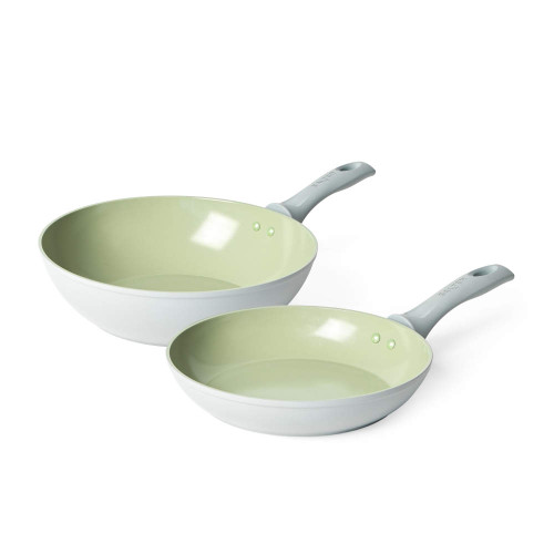 Set of two light grey frying pans with pale green non-stick interiors