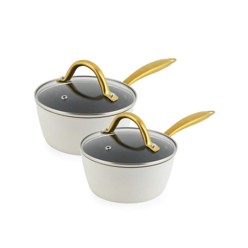 Set of 2 cream saucepans with glass lids and gold handles