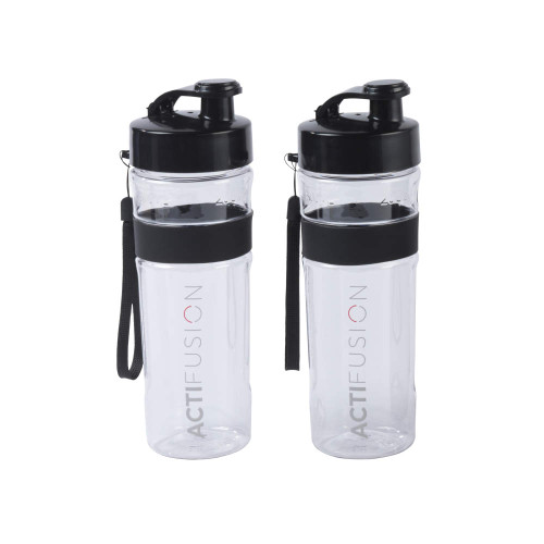 Pack of 2 clear water bottles with black lids and carry straps