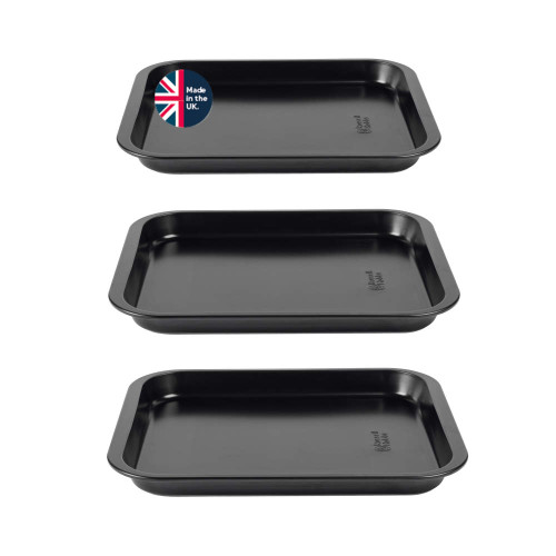 Set of 3 black baking trays, stacked view, with Made in the UK badge