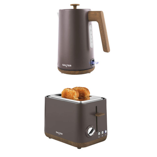 Salter brown kettle and 2-slice toaster set with wood-effect handles