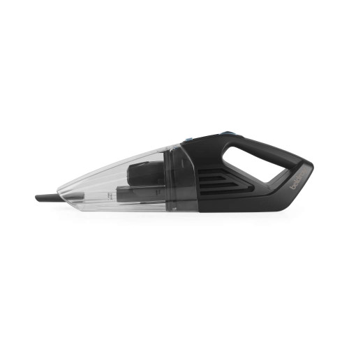 Cordless handheld vacuum cleaner in black with transparent dust chamber, side view