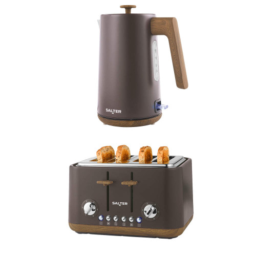 Brown Salter kettle and 4-slice toaster set with wood-effect handles