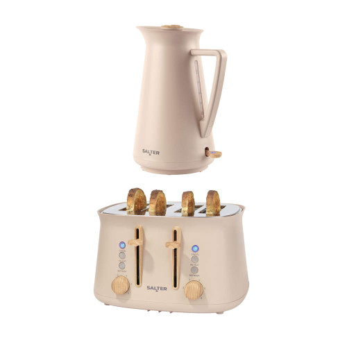 Beige kettle and four-slice toaster set with wood effect controls, both with Salter branding.