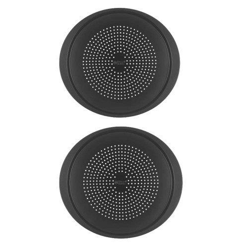 Two black round perforated cooking plates