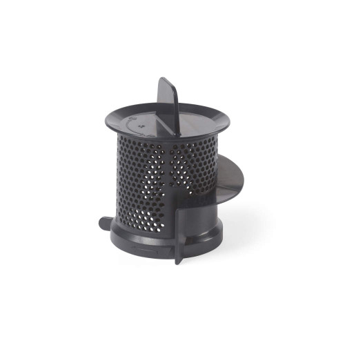 Black plastic filter basket for kitchen appliance, shown on white background