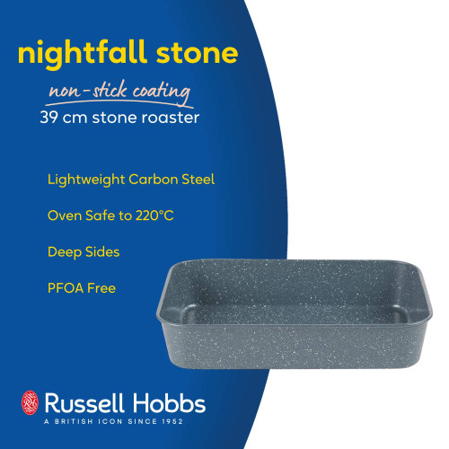 39cm stone-effect non-stick roasting tin with deep sides, lightweight, oven safe to 220°C.