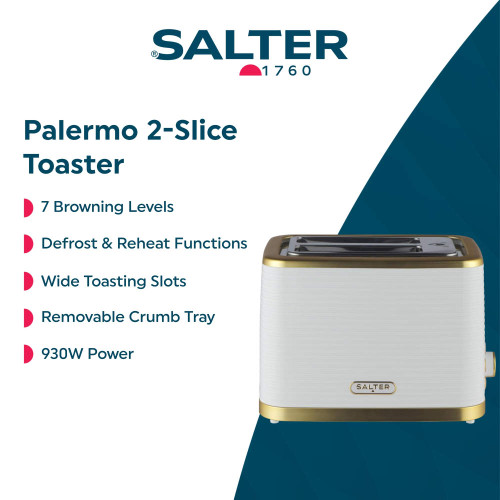 White and gold 2-slice toaster with wide slots, 7 browning levels, and defrost functions.