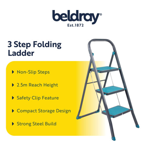 3 step folding ladder with blue non-slip steps, strong steel frame, compact safety design.