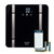 Black digital bathroom scale with Bluetooth, three AAA batteries, and a smartphone health app shown