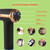 Black and gold massage gun, LCD screen showing 30 adjustable speeds and usage levels