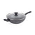 Grey non-stick wok with glass lid and black handle, shown at angle