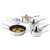 Set of five silver stainless steel saucepans and frying pan, three with glass lids.