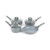 Set of three grey saucepans with lids and one frying pan, speckled finish