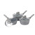 Set of three grey non-stick saucepans with glass lids, displayed on white background.