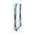 Folded blue and grey metal clothes airer, freestanding, shown from side.