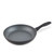 Grey non-stick frying pan with black handle, shown from top side angle