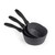 Set of three black non-stick saucepans with handles, nested for display