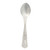 Silver dessert spoon with ornate patterned handle on white background