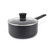 Grey saucepan with long handle and glass lid, shown at an angle on white background