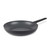 Black non-stick frying pan with long handle, shown from above on white background