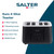 Black 4-slice toaster with Salter logo, highlighting browning levels and defrost functions