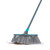 Blue and grey broom sweeping soil on white background