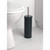 Black toilet brush holder with stainless steel handle beside white toilet