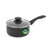 Grey saucepan with glass lid and long handle, PFAS free badge on side