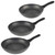 Set of three black speckled non-stick frying pans with black handles