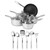 8-piece stainless steel saucepan and utensil set, includes frying pan and ladle.