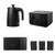 Black kitchen appliance set with kettle, 4-slice toaster, microwave and 3 canisters