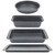 Set of four black speckled non-stick bakeware trays in assorted shapes