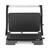 Open electric grill with ribbed black plates, suitable for sandwiches or paninis.