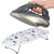 Hand holding grey Beldray iron above mini ironing board with dog print cover