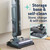 Cordless vacuum with storage base and self-cleaning function on wooden floor