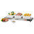 Electric warming tray with three dishes of roast beef, potatoes, and vegetables.