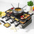 Tabletop electric raclette grill with fondue pot and food, shown in kitchen setting