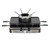 Black electric fondue and raclette grill with serving forks, shown from the front