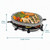 Grey oval raclette grill with stone top, shown with dimensions