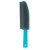 Turquoise handled grooming brush with black silicone bristles, shown upright.